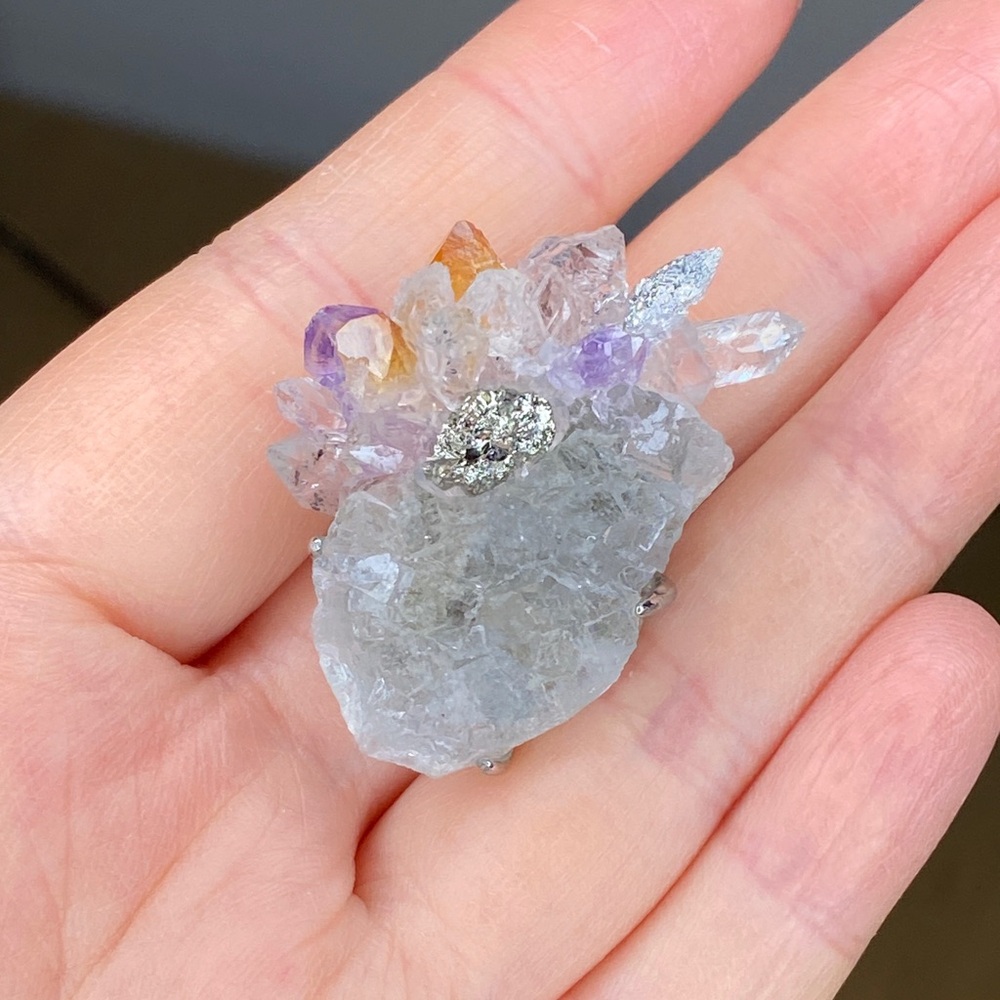 Natural Amethyst & Citrine Crystal Cluster Ring • Raw Pyrite Accent • Herkimer - Picture 9 of 11